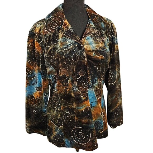 Vintage CHICO'S Womens Velvet Jacket With Mandala Print & Button Closure Size M - Picture 1 of 8